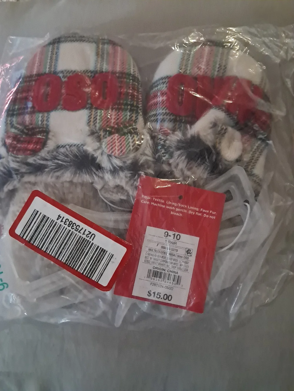 SO Plaid Fur-Trim Indoor Slippers with Red Embroidery